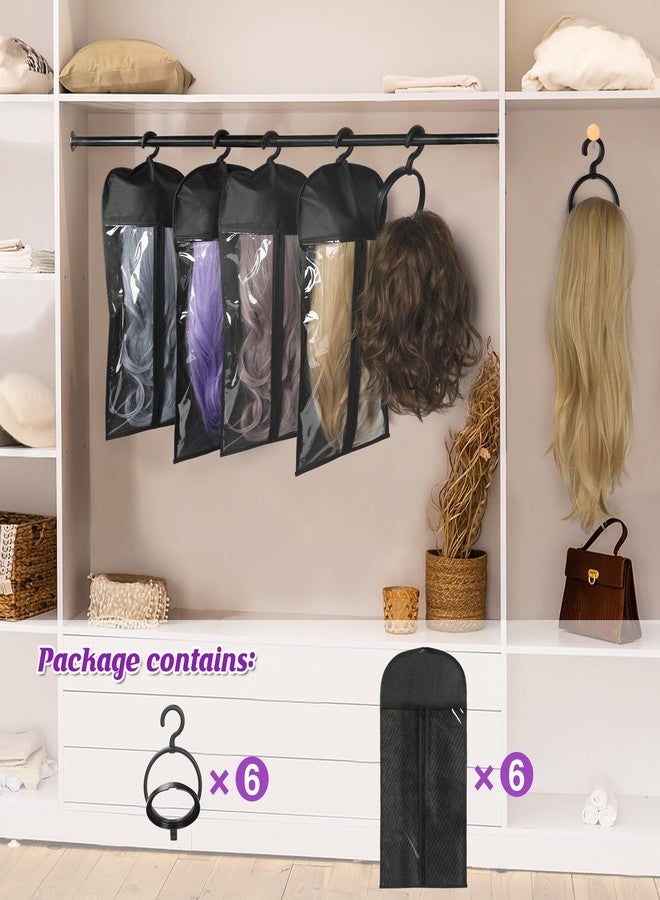 KOLLIEE 6 Pcs Wig Bags Storage with Wig Hanger Dust-proof for Multiple Wigs Hanging Storage Bags Organizer Foldable Easy Carry Suitable for Home Travel Hair Salon Black - Image 2